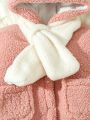 Baby Girl Cartoon Embroidery 3D Ears Design Hooded Teddy Coat With Scarf