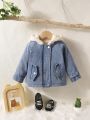 Baby Girl Flap Detail Raglan Sleeve Hooded Denim Effect Coat