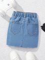 SHEIN Girls' (Little) Elastic Water Washed Casual Fashionable Denim Skirt With Slanted Placket