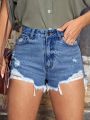 Ripped Raw Hem Denim Shorts