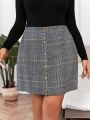 SHEIN Essnce Plus Plaid Print Button Front Skirt