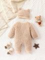 Newborn Baby Boys' Cute Fashionable Bear Embroidery Round Neck Long Sleeve Fleece Jumpsuit With Hat, Autumn & Winter