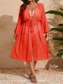 SHEIN Swim Vcay Plus Size Solid Color Lantern Sleeve Waist Cinching Kimono Dress