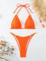 SHEIN Swim Basics Ladies' Solid Color Halter-Neck Bikini Set