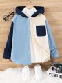 Tween Boy Colorblock Patched Pocket Hooded Corduroy Coat Without Tee