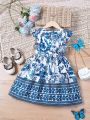 SHEIN Kids SUNSHNE Little Girls' Round Neckline Floral Print Ruffle Sleeve Dress, With Detachable Belt, Summer