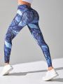 Allover Print Wideband Waist Top-stitching Wideband Waist Sports Leggings With Phone Pocket