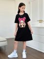 SHEIN Kids EVRYDAY Tween Girls' Knitted Casual Loose Fit Dress With Round Neckline And Graphic Detail