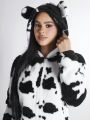 SHEIN PETITE Cow Patterned Flannel Jumpsuit With 3d Ear Decorations