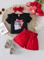 Infant'S Kitty Cat Printed Short Sleeve T-Shirt And Love Heart Printed Shorts Set