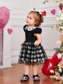 SHEIN Infant Girls' Casual Cute Doll Collar Plaid Mesh Short Sleeve Dress