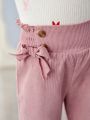SHEIN Kids FANZEY Toddler Girls' Elegant Slim Fit Bell-bottom Corduroy Woven Pants With Frilled Hem Detail