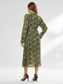 SHEIN Privé Vintage Floral Print Button-front Long Sleeve Midi Dress