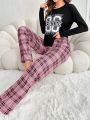 Women's Monogram Printed Long Sleeve Top And Plaid Trousers Pajama Set