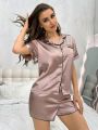 Women'S Color Blocking Hem Short Sleeve Shirt And Shorts Pajama Set