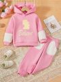 SHEIN Kids QTFun Girls' Plush Hooded Sweatshirt And Pants Set With Letter & Character Patchwork, Winter