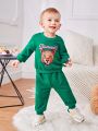 SHEIN Baby Boys' Casual Tiger & Letter Print Long Sleeve Sweatshirt With Elastic Waistband Pants Set