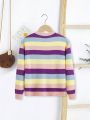 SHEIN Kids EVRYDAY Tween Girl Block Striped Pattern Sweater