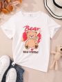 SHEIN Kids FANZEY Girls' Casual Printed T-Shirt With Bear And Letters Design