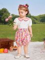 SHEIN Baby Girls' Summer Holiday Color Block Doll Collar Top With Flower Print Shorts Set