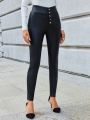 SHEIN Clasi Button-Front Slim Fit Pu Leather Pants