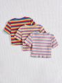 SHEIN Kids Cooltwn 3pcs/set Toddler Girls' Fashionable Knitted Striped Short Sleeve Top For Sports