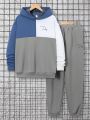 SHEIN Teen Boys' Casual Comfortable Color Block Hooded Sweatshirt And Sweatpants Set