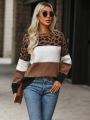 Leopard Pattern Colorblock Drop Shoulder Sweater