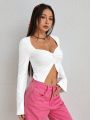 SHEIN Qutie Women's Sweetheart Neckline Split Hem Long Sleeve White T-Shirt