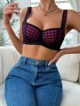 Houndstooth Print Lace Trim Underwire Bra