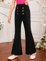 SHEIN Kids FANZEY Teen Girls' Elegant Long Decorative Button Detail Slim Fit Flare Pants