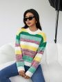 SHEIN Essnce Women's Round Neck Striped Loose Fit Pullover Sweater