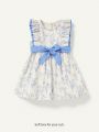 Cozy Cub Baby Girl Floral Pattern Color-Contrast Ruffle Hem Round Neck Sleeveless Bowed Waist Dress