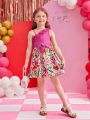 SHEIN Kids SUNSHNE Toddler Girls' Irregular Shoulder Big Flower Print Dress