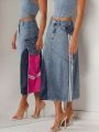 KUNSHENG Colorblock Mixed Media Denim Skirt