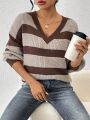 SHEIN Frenchy Color Block Stripe V-neck Sweater Pullover