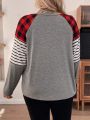 Women'S Plus Size Grid-Stripe Patchwork Raglan Sleeve Alphabet Print T-Shirt