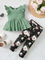 SHEIN Baby Girl Flounce Trim Round Neck Top And Flower Print Pants Casual Outfit