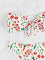 SHEIN Swim Mod Cherry Print Knot Front Bandeau Bikini Swimsuit