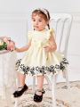 SHEIN Infant Girls' Cute Sleeveless Dress With Pale Yellow Bowknot & Lace Details