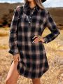 SHEIN LUNE Plaid Buttoned Casual Long Sleeve Dress