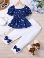 SHEIN Kids QTFun Toddler Girls' Heart Pattern Puff Sleeve Shirt With Bowknot & Pants Set