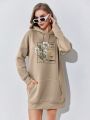 Floral & Slogan Graphic Kangaroo Pocket Drop Shoulder Drawstring Thermal Hoodie Dress