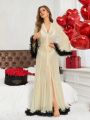 Women's Mesh Patchwork Contrast Color Long Robe With Flared Sleeves, Belted