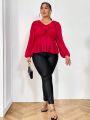 SHEIN Privé Plus Size V-Neck Lantern Sleeve Blouse With Ruffle Trim