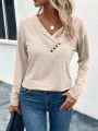 Women's V-neck Pleated Button Detail Casual T-shirt