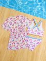 Young Girls' 3pcs/Set Rainbow Printed Vest & Striped Detail Bikini Swimsuit Set