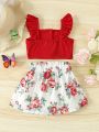 Baby Girl Solid Color Short Sleeve Top And Flower Printed Skirt Set