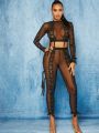 FLAMA Grommet Lace Up Sheer Top & Pants Set