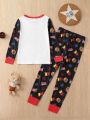 Young Boy Letter & Cartoon Graphic Contrast Binding PJ Set